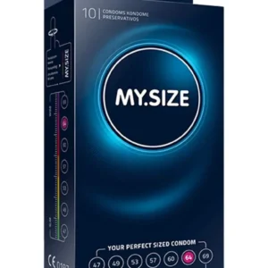 This package contains ten My Size classic condoms with a width of 64mm, made from vegan materials and designed to be extra thin for a true to touch experience.