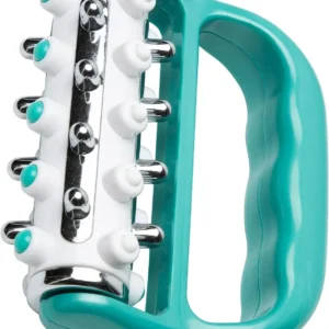 This yellow handheld massage roller targets trigger points for myofascial release, lymphatic drainage, and cellulite reduction, providing deep tissue therapy for muscle relief and relaxation.