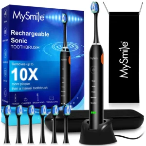 Black MySmile sonic electric toothbrush with five modes, six brush heads, a travel case, and a two-minute smart timer, designed for effective plaque removal and teeth whitening.