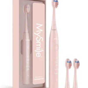 Pink MySmile electric toothbrush for adults with three brush heads, offering 5 cleaning modes, a 2-minute timer, and a 60-day battery life on a single charge.
