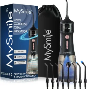 This cordless MySmile water flosser features a UVC sanitizer, portable design, OLED display, multiple modes, and several jet tips for effective teeth cleaning at home or while traveling.