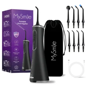 The MySmile cordless water flosser provides advanced cleaning with multiple pressure modes, rechargeable battery, and several jet tips for comprehensive dental care.