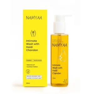 Namyaa Haldi and Chandan Intimate Wash is a skin cleaning agent providing germ and odor protection while maintaining a healthy pH balance.