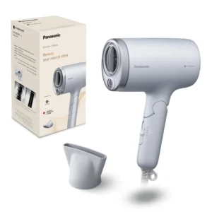 The Panasonic Nanoe hair dryer in grey blue delivers moisture-rich particles for healthy, shiny, and frizz-free hair, featuring a quick dry nozzle and foldable handle for easy storage and travel.