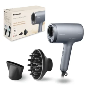Panasonic Nanoe hair dryer with diffuser attachment providing moisture-rich care for strong hair, less fall, and a healthy scalp.