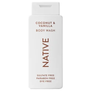 Two bottles of Native Natural Body Wash in Coconut & Vanilla scent, a vegan and cruelty-free formula with naturally derived ingredients for soft and hydrated skin.