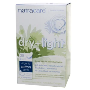 A pack of 20 Natracare Dry & Light incontinence pads made with soft, absorbent cotton.