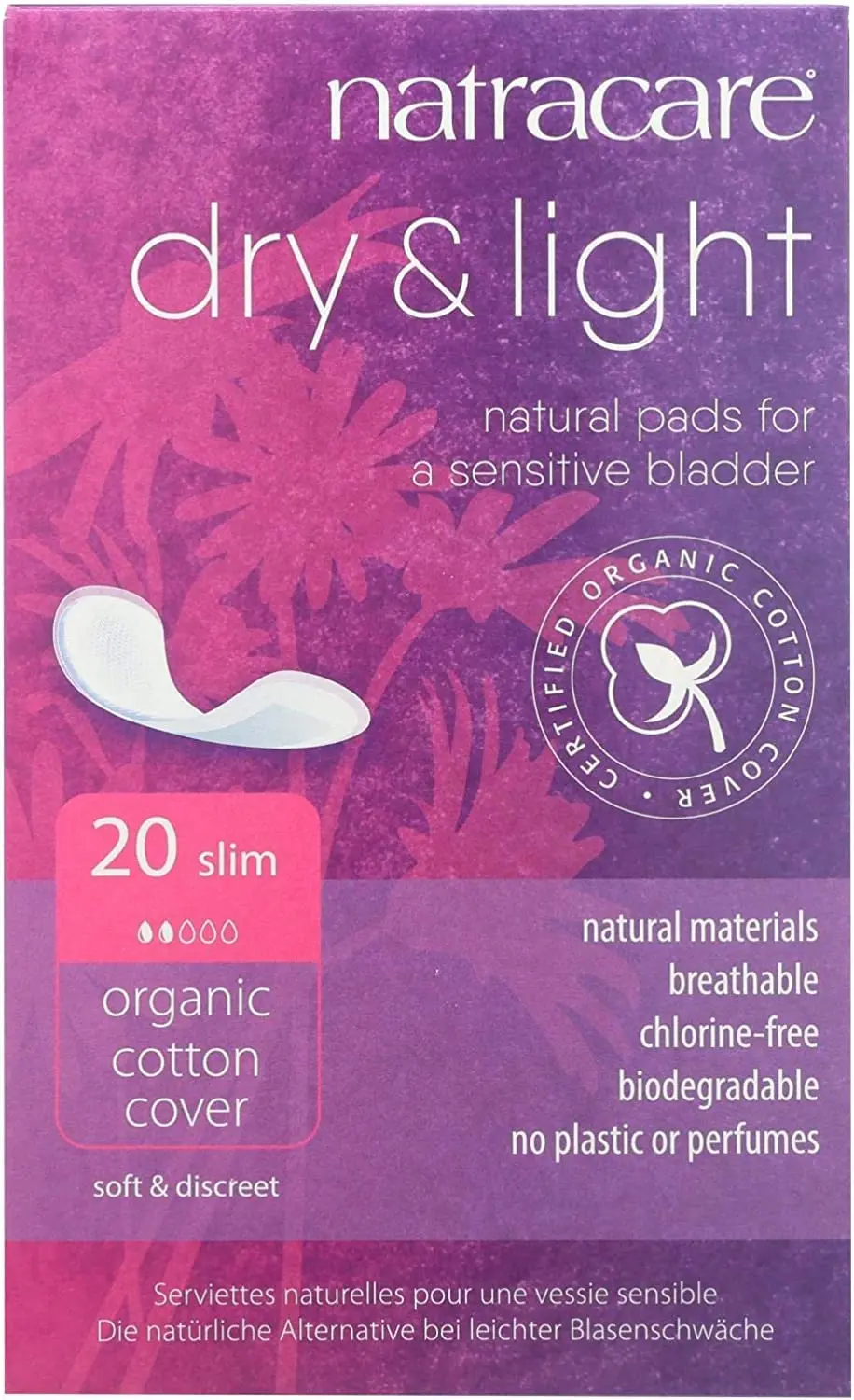 Six packs of Natracare Dry and Light Incontinence Pads made with soft, certified organic cotton and natural, biodegradable materials.