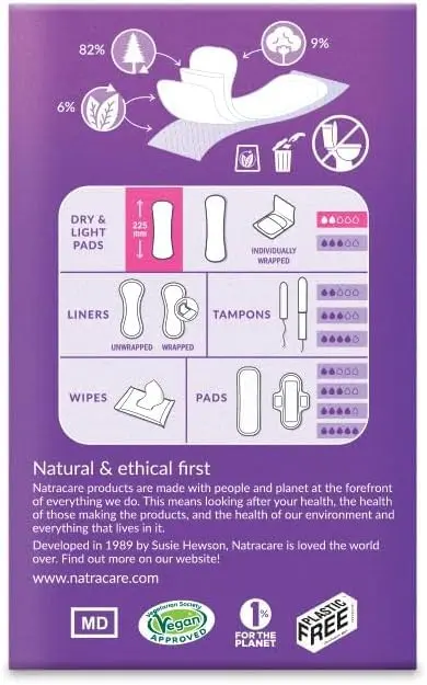 Six packs of Natracare Dry and Light Incontinence Pads made with soft, certified organic cotton and natural, biodegradable materials.