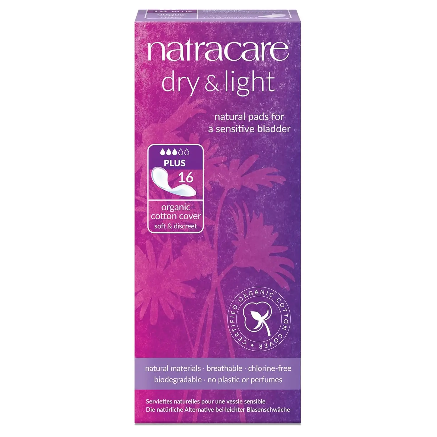 Six packs of Natracare Dry and Light Incontinence Pads made with soft, certified organic cotton and natural, biodegradable materials.