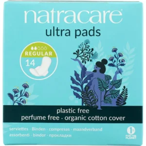 Three boxes of Natracare Ultra Pads with Wings, each containing 14 certified organic cotton pads, completely chlorine and plastic free, biodegradable and compostable.