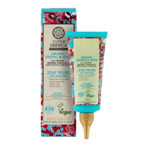 Natura Siberica scalp peeling with organic limonnik hydrolate and ginseng extract to strengthen roots, nourish hair and prevent hair loss.