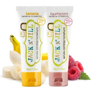 Jack N' Jill fluoride-free banana flavored toothpaste made with natural and organic ingredients is safe for babies and kids to swallow, promoting healthy oral hygiene habits from 6 months old.