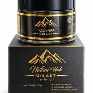 Nature Hub Premium Shilajit, a naturally sourced and purified resin, shown in a small jar, traditionally used to boost stamina and wellness as part of an Ayurvedic lifestyle, containing 24 Carat Gold and free from artificial additives.