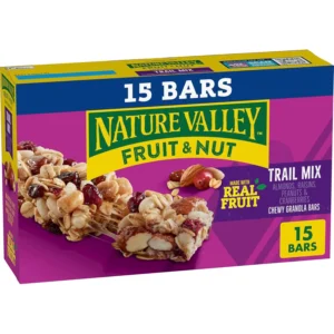 Nature Valley chewy granola bars with almonds, peanuts, raisins, and cranberries offer a delicious and convenient trail mix flavor with whole grain oats, perfect for on-the-go snacking.