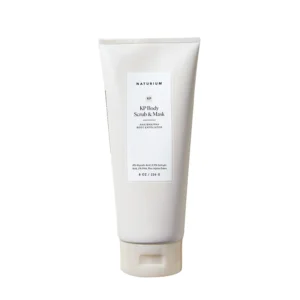 Naturium KP Body Scrub and Mask, a 3-in-1 body exfoliant with pumice, jojoba esters, AHA/BHA/PHA, helps improve skin tone and texture by dissolving dead skin cells.