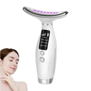 White neck and face massager with 7 LED colors, heat function, and dolphin tail-shaped massage head designed for anti-aging and lymphatic drainage.