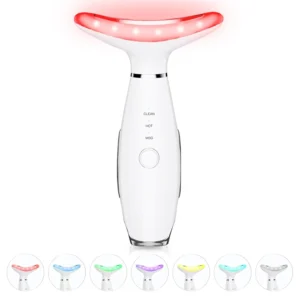 This white ELISHINE neck and face massager tool uses vibrations and thermals to improve skin care at home and comes with a USB-C cable and user manual in an exquisite packaging box making it a great present.