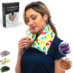 This microwavable neck heating pad with lavender provides natural pain relief for muscle strain, stiff neck, and shoulder pain, offering soothing warmth and aromatherapy benefits with its washable cotton cover.