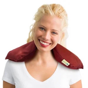 Henna red cherry pit filled microwavable heating pad for neck pain and muscle relief.