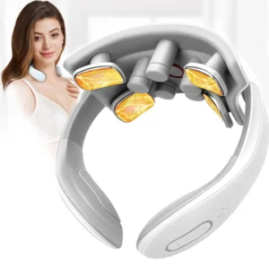 Cordless portable neck massager provides deep tissue relief with electric pulse, heat therapy, multiple modes and intensity levels for relaxation at home, in the office, or on the go.