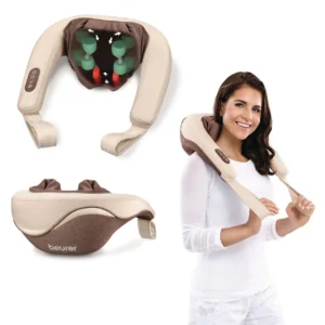 The Beurer 4D neck massager provides a hand-simulating, deep kneading massage for the neck, shoulders, and legs, featuring a switchable heat function and removable, washable cover.