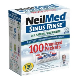 This image shows a box of NeilMed Sinus Rinse refill packets, providing all-natural relief for nasal allergies, congestion, dryness, sinus pressure, and irritation from dust, pollen, smoke, and pet dander.