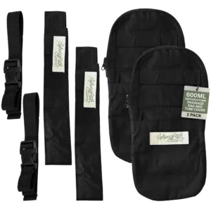 This black nephrostomy tube and drainage bag cover set includes two drainage bag covers, two adjustable belts, and two nephrostomy tube covers for discreet and hands-free carrying.