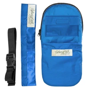 Royal blue nephrostomy tube and drainage bag cover set with adjustable belt and tube cover.