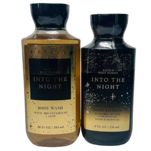 This Bath & Body Works Into The Night set includes a moisturizing shea butter body lotion and a refreshing aloe vera body wash, both featuring the alluring scent of raspberry noir, amber crystals, velvety rose petals, creamy patchouli, and mocha musk.