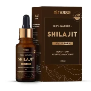 50ml bottle of Nirvasa pure shilajit liquid, a mineral-rich Ayurvedic supplement sourced from the Himalayas for energy and overall well-being.