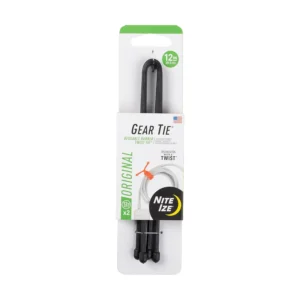 This image shows a 2-pack of black, 12-inch Nite Ize reusable rubber twist ties, perfect for organizing cords and more.
