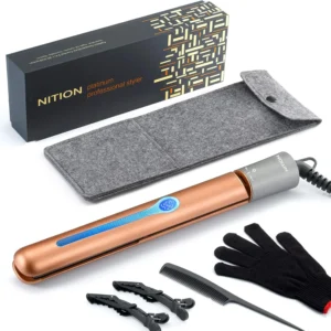 NITION ceramic tourmaline flat iron with adjustable temperature settings for healthy, smooth, and shiny hair straightening and styling, shown with travel pouch.