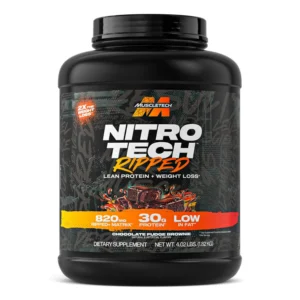 MuscleTech Nitro-Tech Ripped whey protein powder in Chocolate Fudge Brownie flavor supports lean muscle building and weight management with 30 grams of protein per serving.