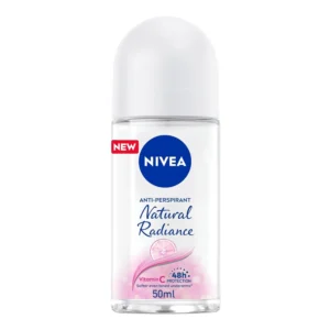 NIVEA Natural Radiance antiperspirant roll-on for women provides 48-hour protection, contains Vitamin C for softer, fairer underarms, and has an anti-yellow staining formula.