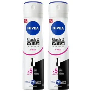 NIVEA Black & White Invisible Clear antiperspirant deodorant spray provides 72-hour protection against odor, sweat, stains and irritation.