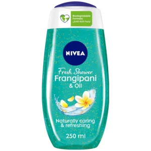 NIVEA Frangipani and Oil Pearls shower gel body wash in a 96% recycled plastic bottle, offering a refreshing and moisturized skin feeling with a biodegradable, microplastic-free formula.