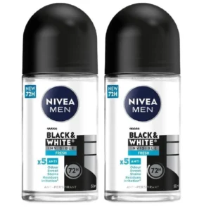 NIVEA MEN Black & White Invisible antiperspirant roll-on offers 48-hour protection against sweat and yellow stains, keeping black clothes black and white clothes white, with a fresh masculine scent.