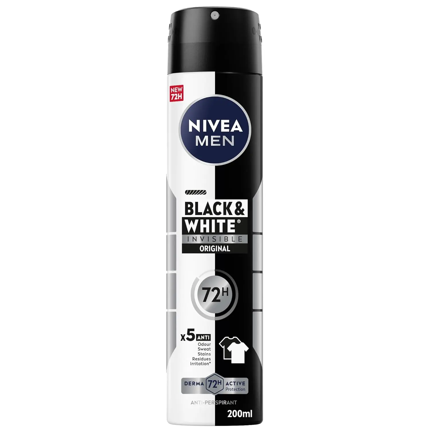 NIVEA Men Black & White Invisible Original Antiperspirant Deodorant Spray provides 72-hour protection against odor, sweat, stains, and irritation.