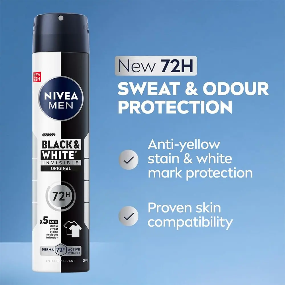 NIVEA Men Black & White Invisible Original Antiperspirant Deodorant Spray provides 72-hour protection against odor, sweat, stains, and irritation.