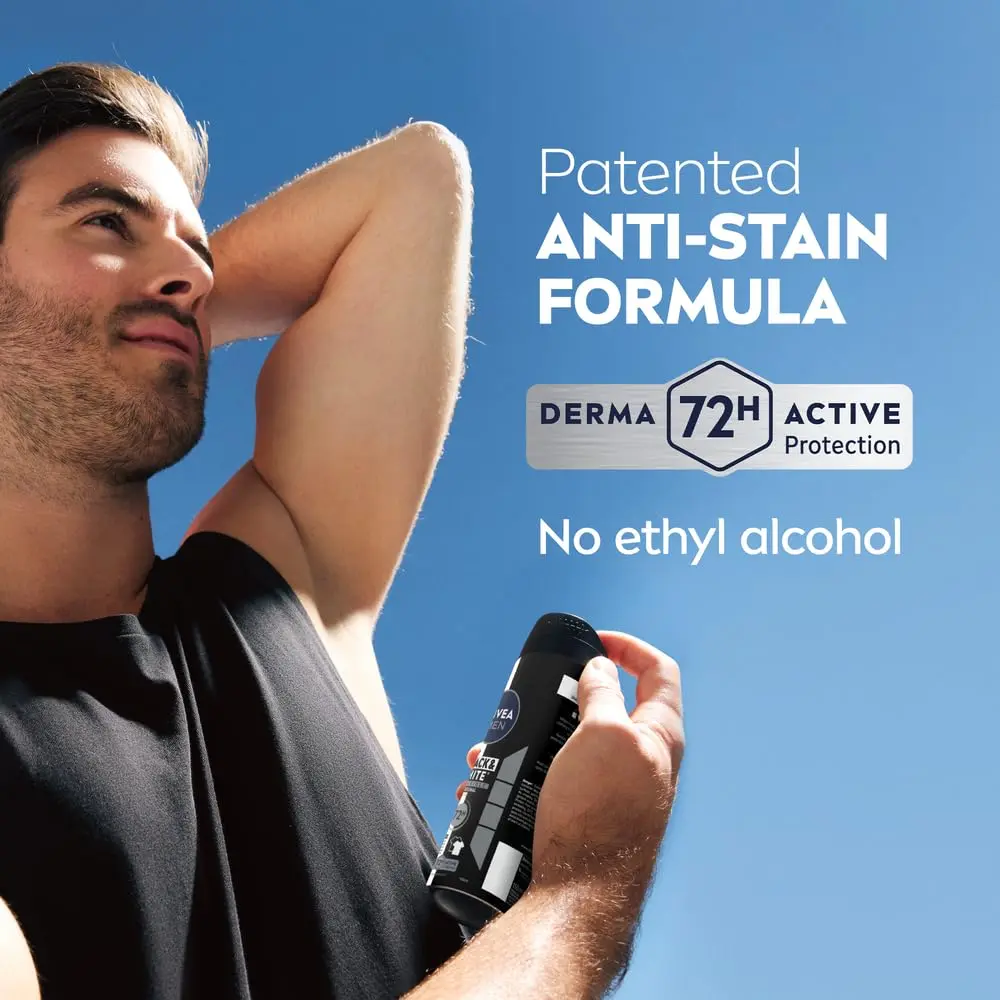 NIVEA Men Black & White Invisible Original Antiperspirant Deodorant Spray provides 72-hour protection against odor, sweat, stains, and irritation.