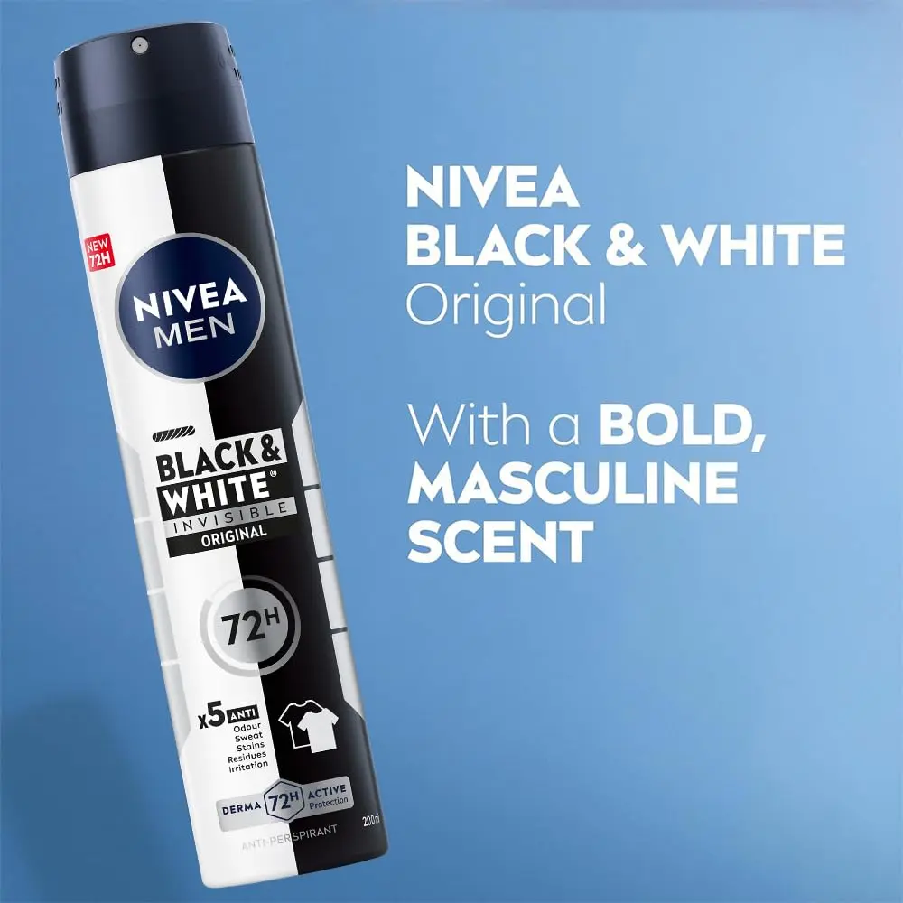 NIVEA Men Black & White Invisible Original Antiperspirant Deodorant Spray provides 72-hour protection against odor, sweat, stains, and irritation.