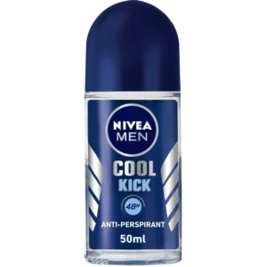 NIVEA MEN Cool Kick roll-on deodorant provides 48-hour antiperspirant protection and a refreshing masculine scent while being gentle on the skin.