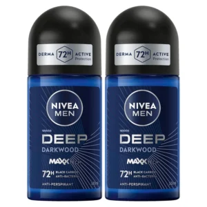NIVEA MEN DEEP antiperspirant roll-on provides 48-hour antibacterial protection with a dark wood scent and no visible black residue.