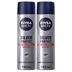 Two cans of NIVEA MEN Silver Protect antiperspirant spray providing 48-hour antibacterial protection against body odor and odor-causing bacteria.