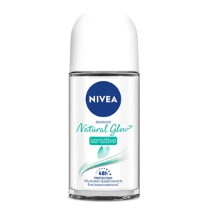 A 50ml bottle of Nivea Whitening Sensitive Roll On deodorant that provides skin whitening and smoothing with 48-hour gentle care.