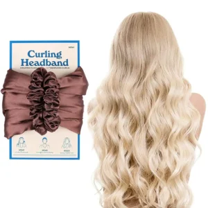 Brown no heat curling headband creates soft, natural waves overnight without damaging hair.