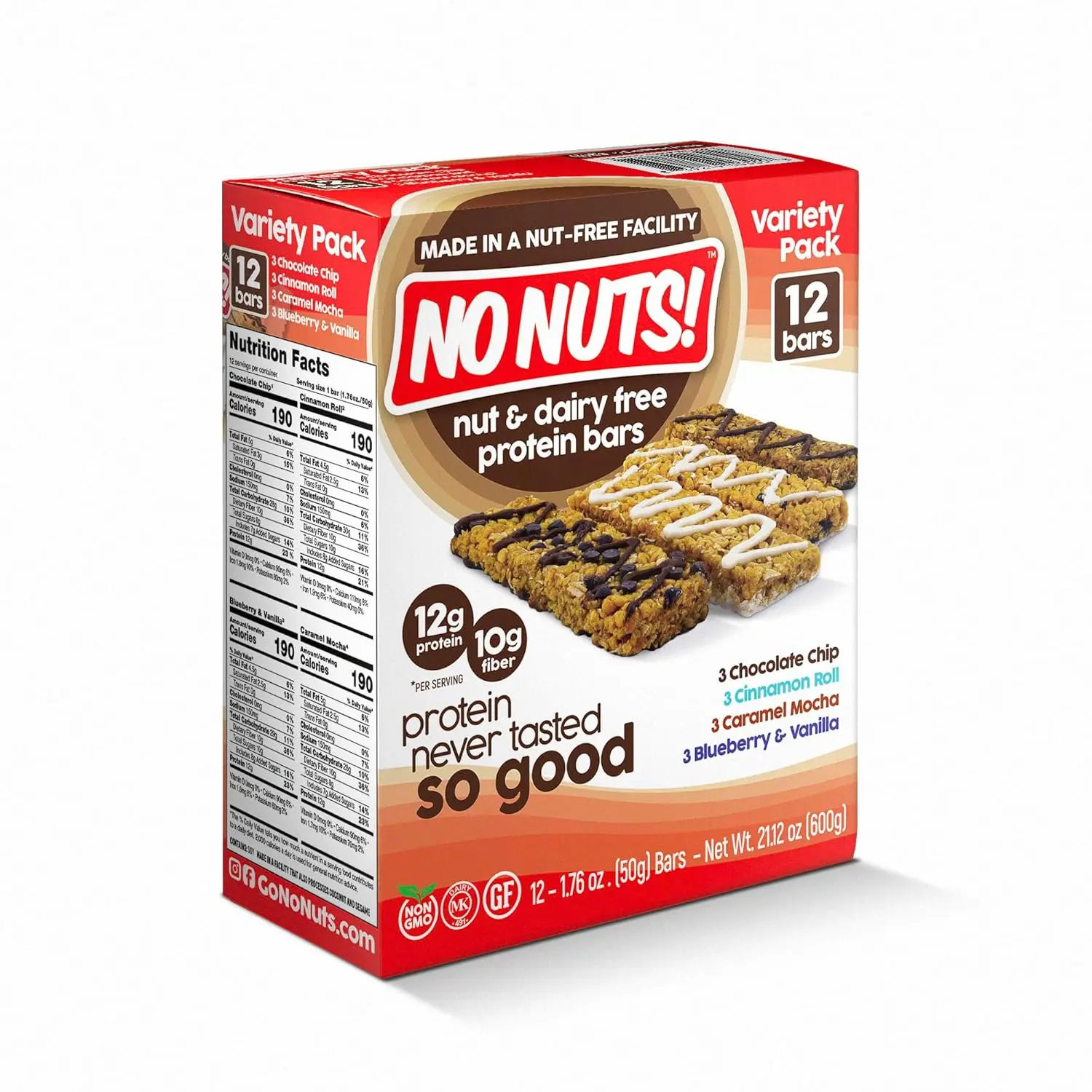This variety pack features twelve No Nuts! protein bars in delicious flavors like Chocolate Chip, Caramel Mocha, Cinnamon Roll, and Blueberry Vanilla, perfect for a nut-free, vegan, and gluten-free snack.