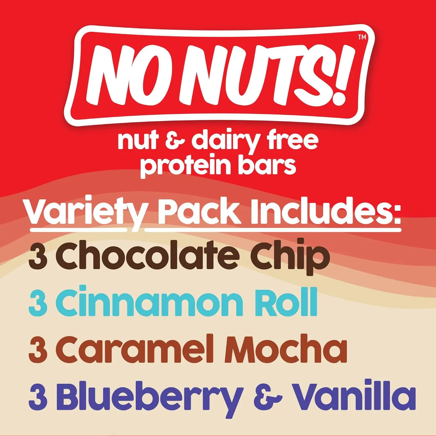 This variety pack features twelve No Nuts! protein bars in delicious flavors like Chocolate Chip, Caramel Mocha, Cinnamon Roll, and Blueberry Vanilla, perfect for a nut-free, vegan, and gluten-free snack.