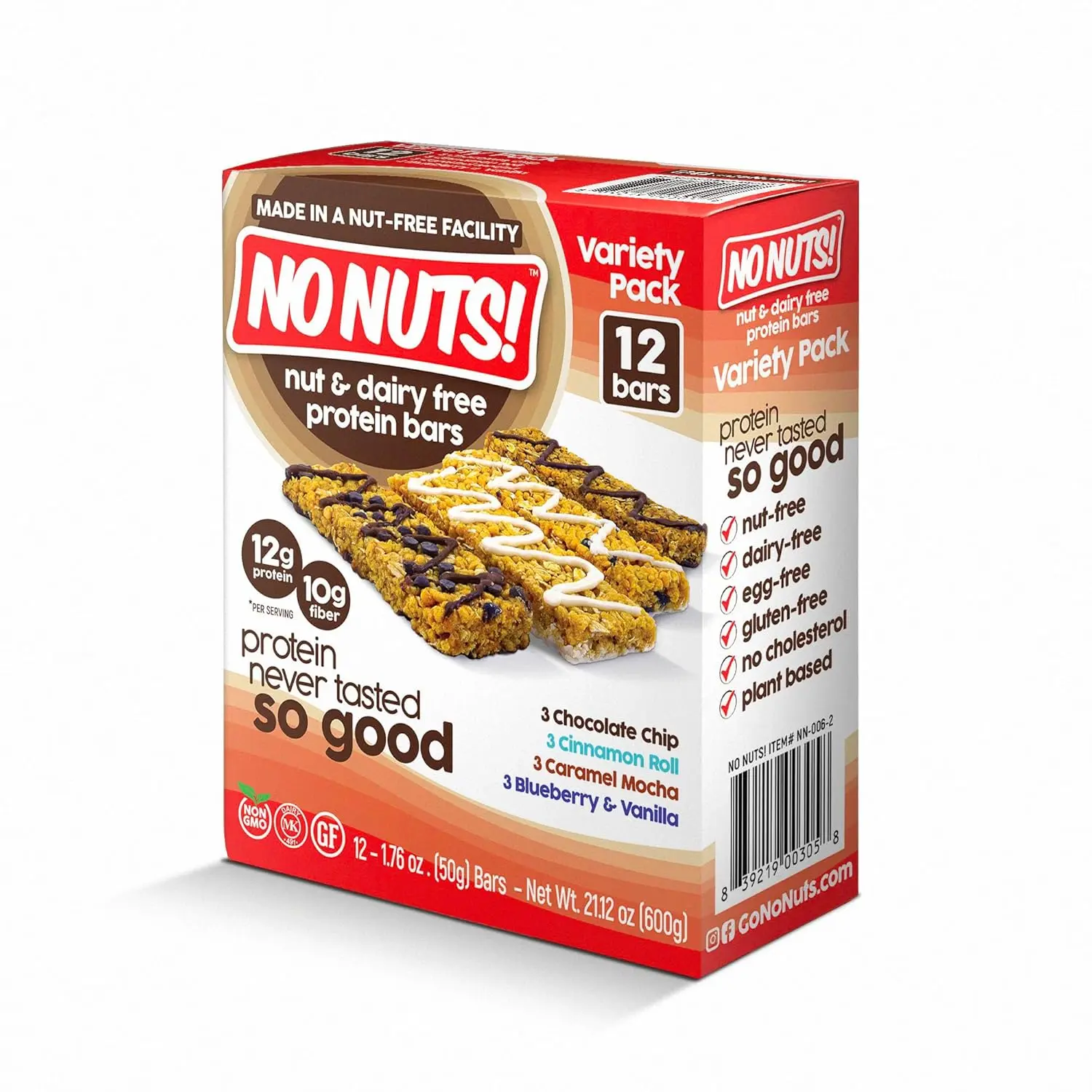 This variety pack features twelve No Nuts! protein bars in delicious flavors like Chocolate Chip, Caramel Mocha, Cinnamon Roll, and Blueberry Vanilla, perfect for a nut-free, vegan, and gluten-free snack.